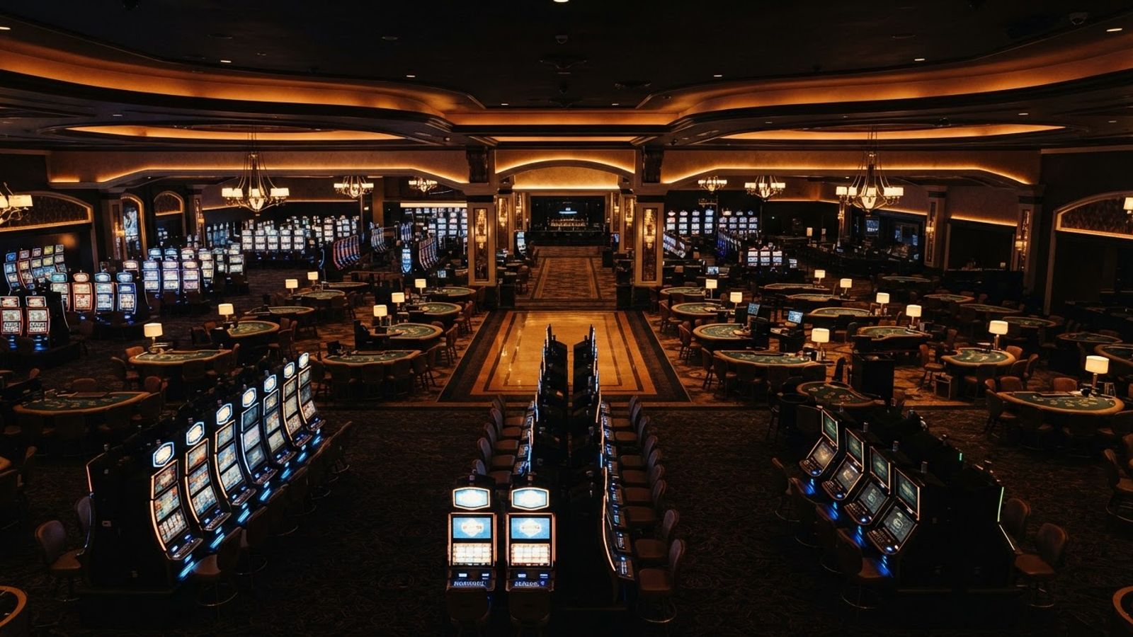 Interior de casino con tragaperras y mesa de juego